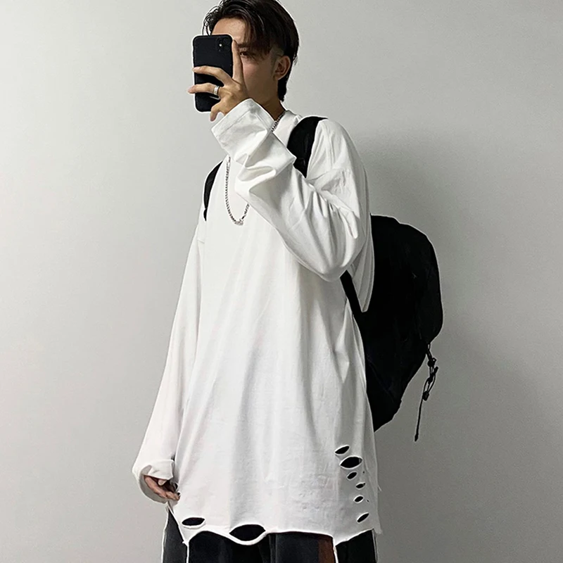 Hem Ripped Hole Long Sleeve Men Tshirt White Black Fashion Autumn Clothes Hip Hop 2xl 3xl Oversized Punk Vintage Streetwear Tops