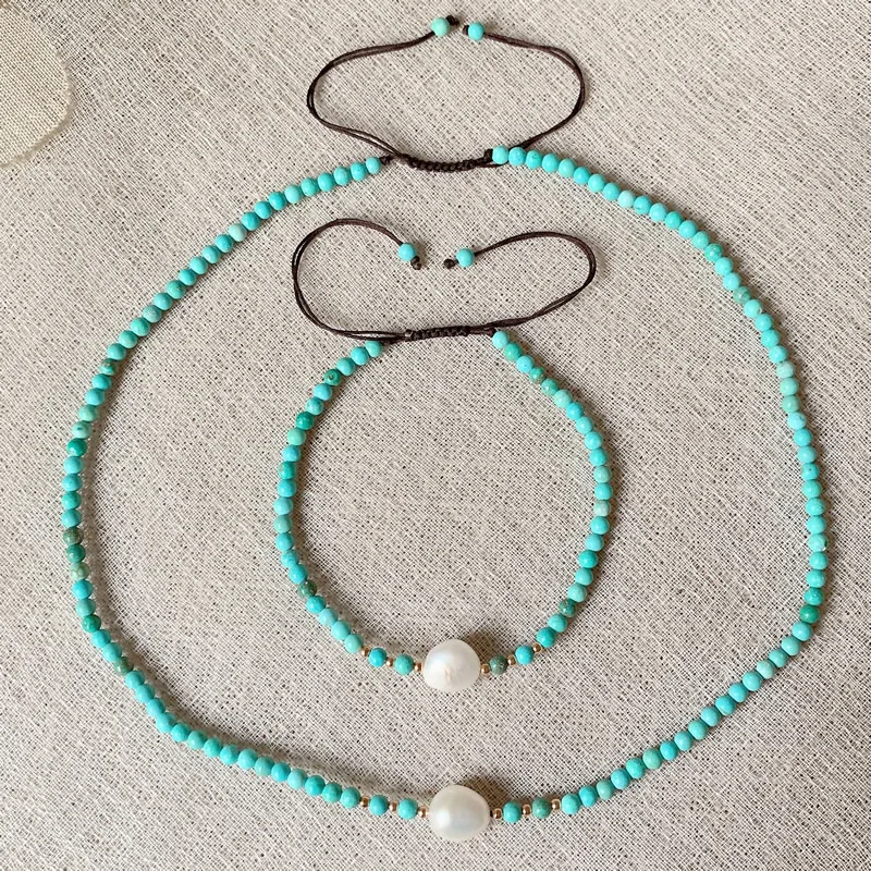 Reiki-joyería curativa de 3mm, gemas redondas pequeñas, piedra azul turquesa, Gargantilla, collar de perlas blancas, collar de turquesas naturales