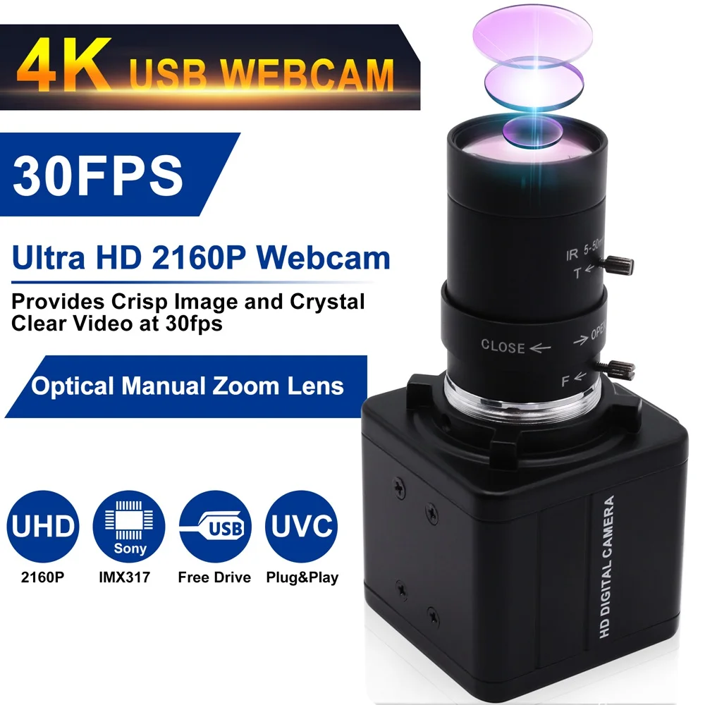 ELP High Definition 4K USB Camera 10X Zoom 5-50mm Lens Manual Focus CMOS IMX317 Color Sensor Mini Camera 4K 30fps USB2.0 Webcam