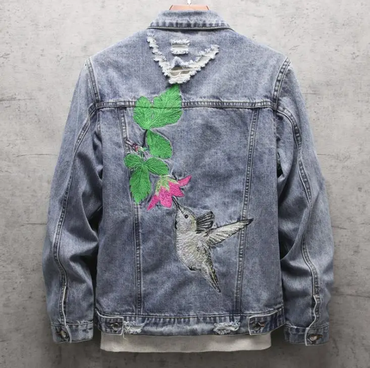 Bird Patch Flower Designs Men's Casual Denim Jackets Vintage Blue Slim Fashion Hip Hop Coat Embroidery Ripped Outerwear