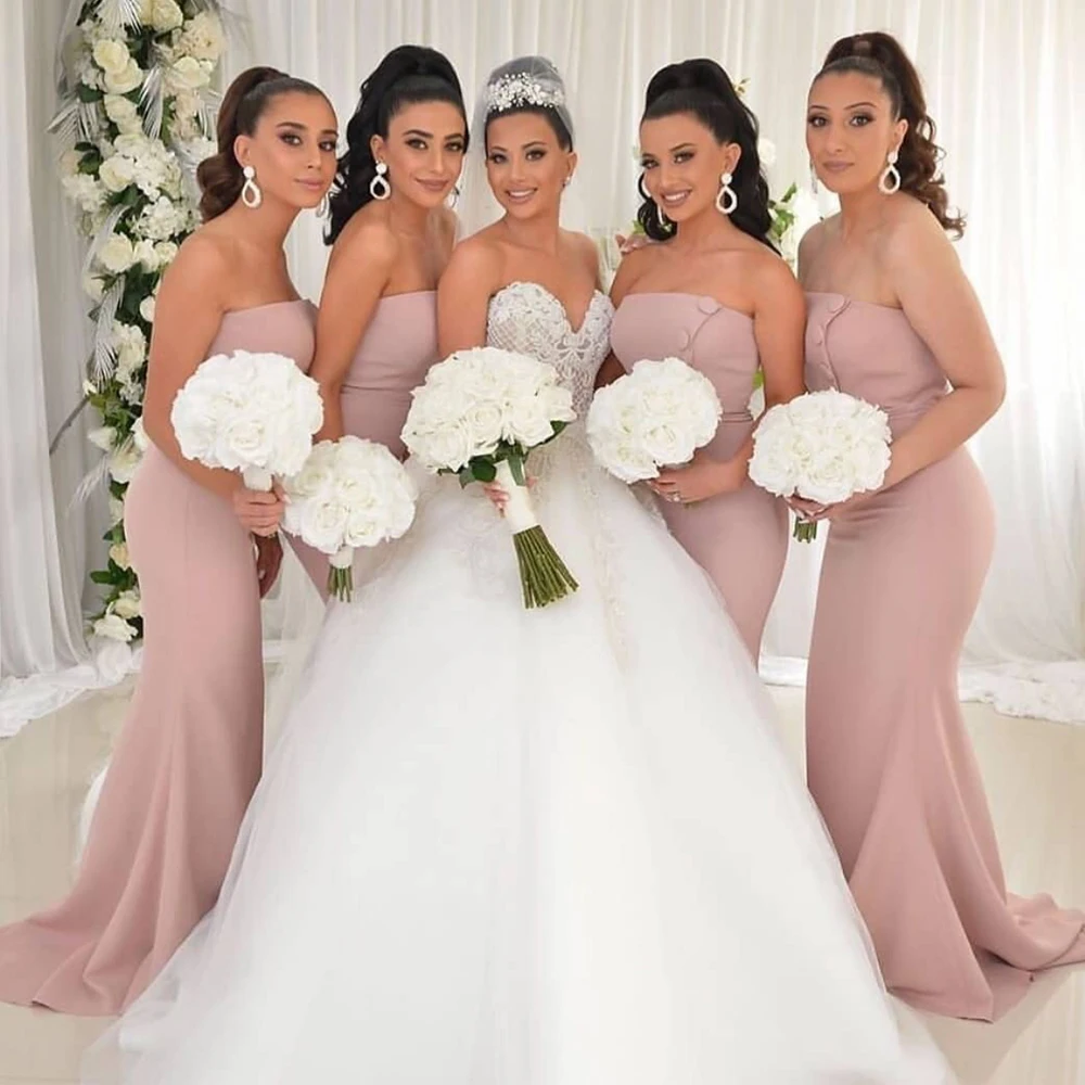 SuperKimJo Dusty Pink Bridesmaid Dresses Long Robe Demoiselle D Honneur Femme Mermaid Strapless Cheap Wedding Guest Dress