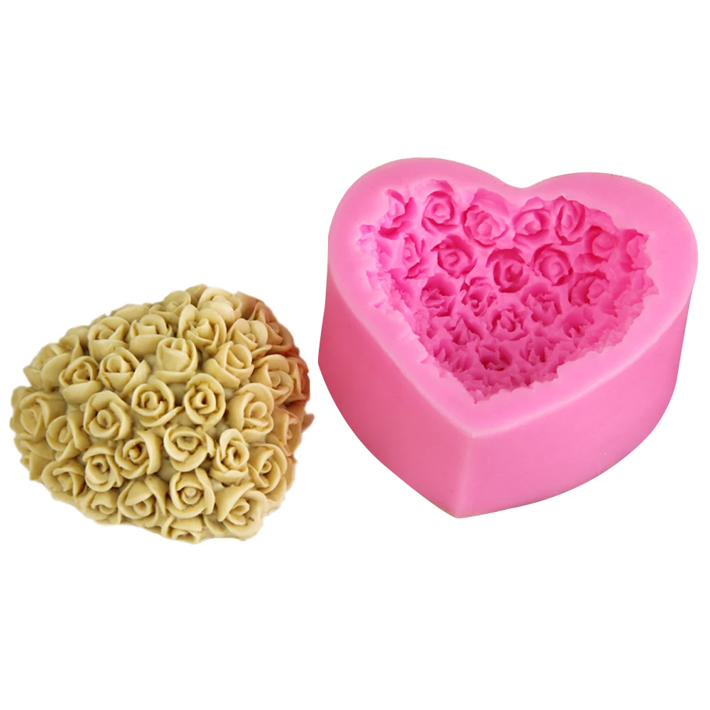 3D Rose Flower Mold Love Heart Shape Silicone Candle Mold Chocolate Mold Fondant Cake Soap Mould Gift for Wedding Valentine