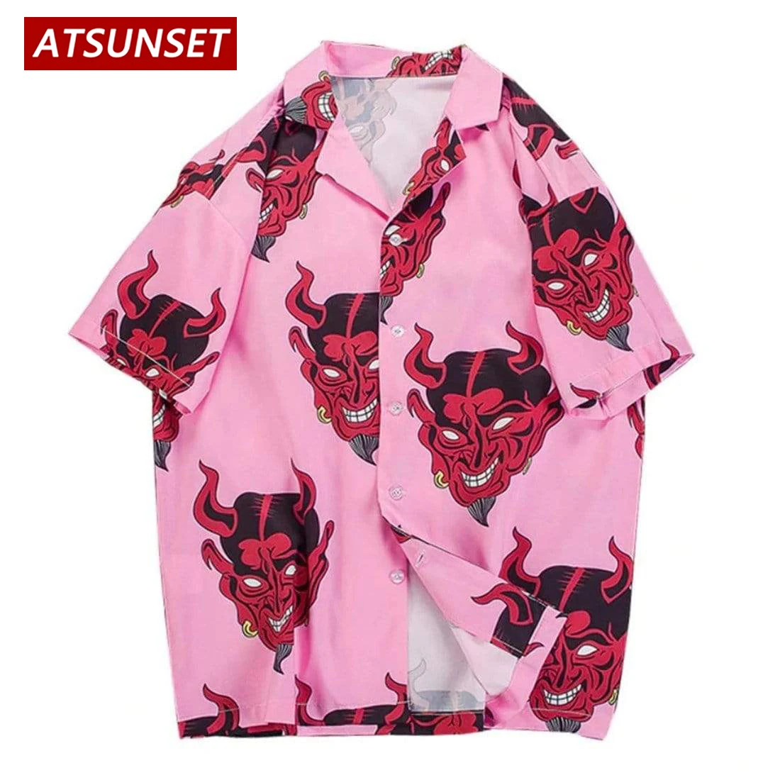 

ATSUNSET Demon Print Shirt Hip Hop Streetwear Harajuku Shirt Hawaiian Short Sleeve Cotton Fashion Tops