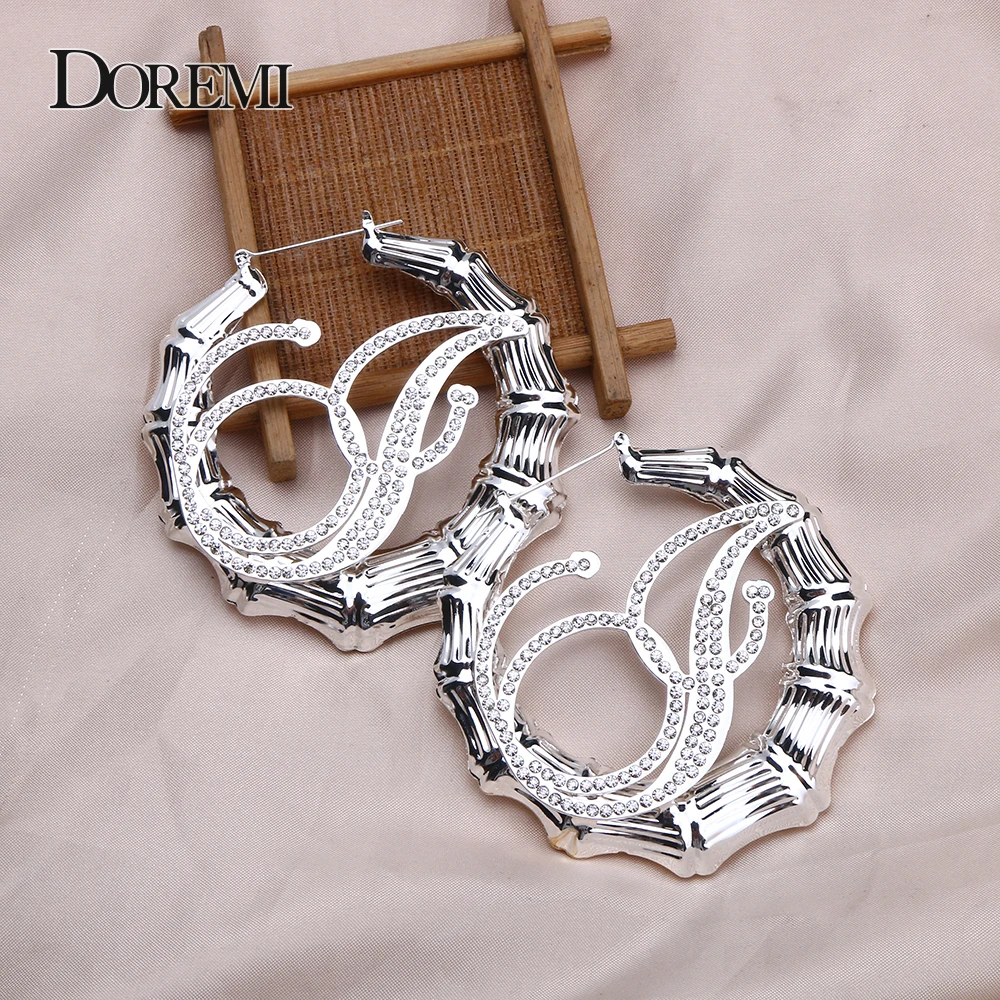 

DOREMI A-Z Bling Name Bamboo Earrings Crystal Custom Hoop Bamboo Names Earrings Letter Big Personalised Name Earring Women Gift