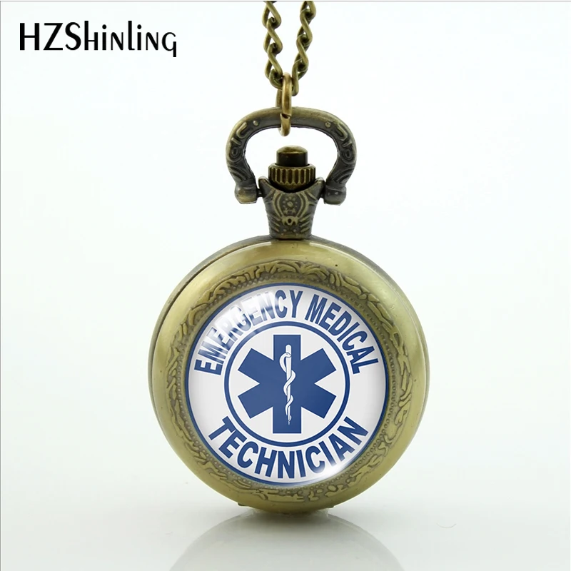 EMT Emergency Medical Vintage Bronze Color Pocket Watch Round Glass Cabochon Handcraft Necklace for Women Men