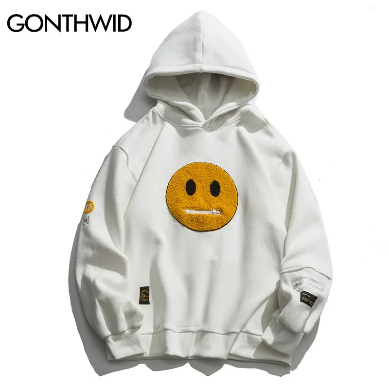 

GONTHWID Hoodies Streetwear Hip Hop Zipper Pocket Smile Face Patchwork Hooded Sweatshirts Harajuku Hip Hop Casual Pullover Tops