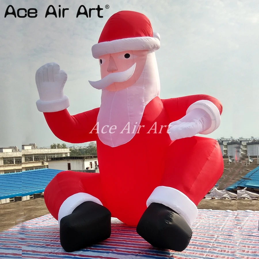 5m H Christmas Commercial Inflatable X-mas Santa Claus Air Father Christmas Sitting on the Ground Waving Hands