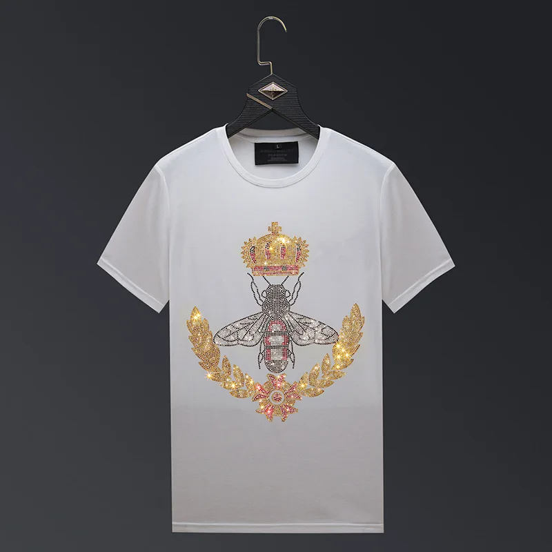 Plus Size 2024 Bee Crown Rhinestones T Shirts Men High Quality Top Streetwear O Neck Slim Short Sleeve Tshirts Camisetas Hombre