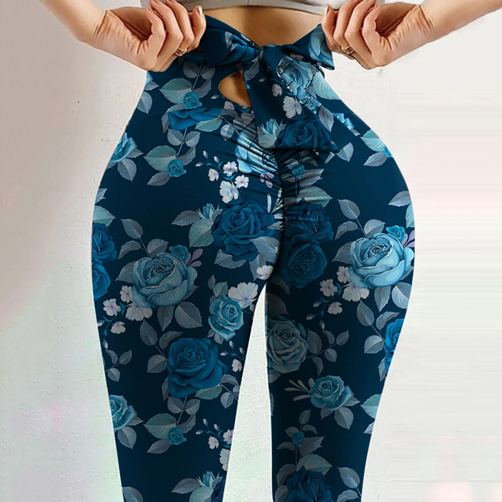 Sexy Floral Printed Push Up Bow Tie Yoga Pants Women High Waist Stretch Strethcy Fitness Leggings Yoga Pants Sport Trousers