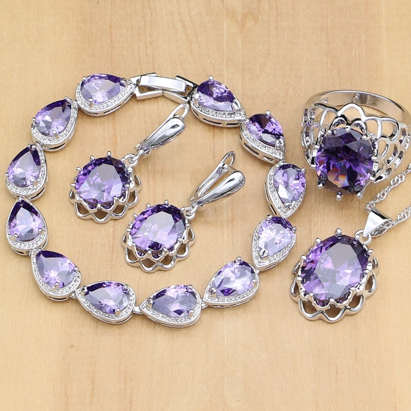 

Natural Silver 925 Jewelry Sets Purple Cubic Zirconia Stone Jewelry For Women Earrings/Pendant/Necklace/Open Rings/Bracelet