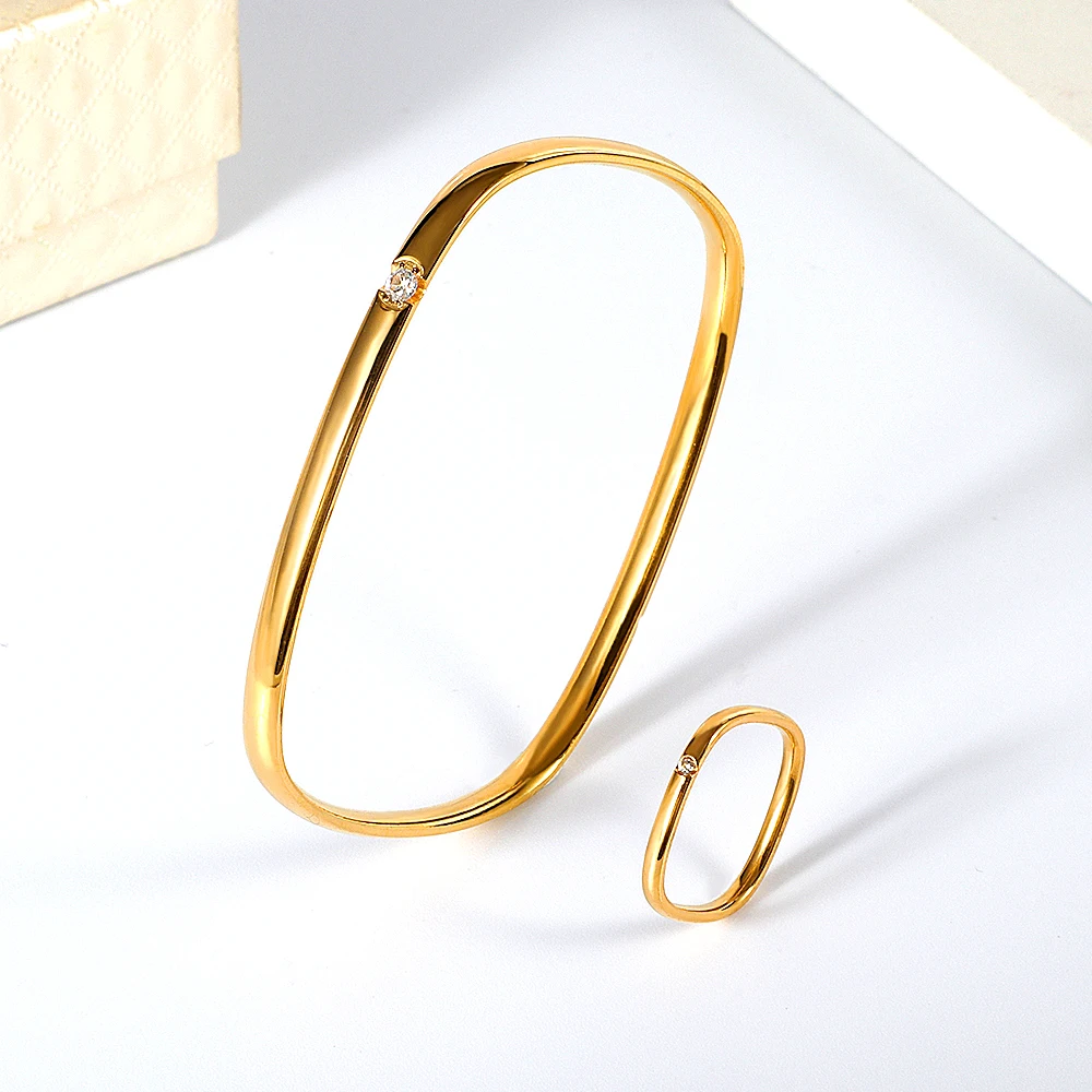 Stainless Steel Square Design Crystals Bangle And Ring For Women Gold Color Bangle Ring Love Engegament Jewelry Set Bijoux Femme