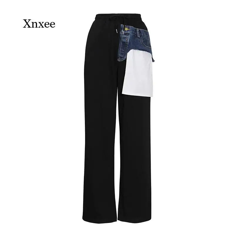 

New Trousers Patchwork Casual Hit Color Pants Women High Waist Pockets Full Loose Pants Female Spring Fashion Straight Bottoms