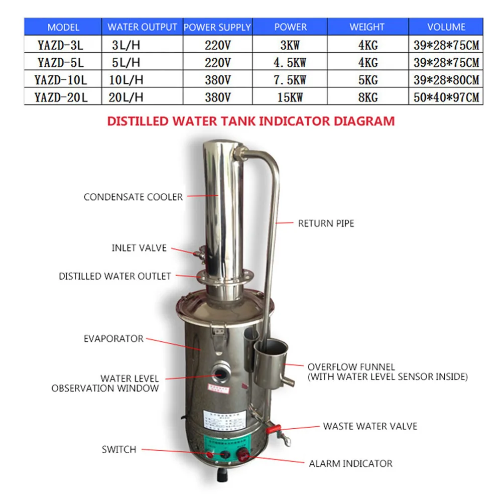 10L/H Electric Water distiller Stainless steel distilled heating water generator Distilled water device with 2M pipe