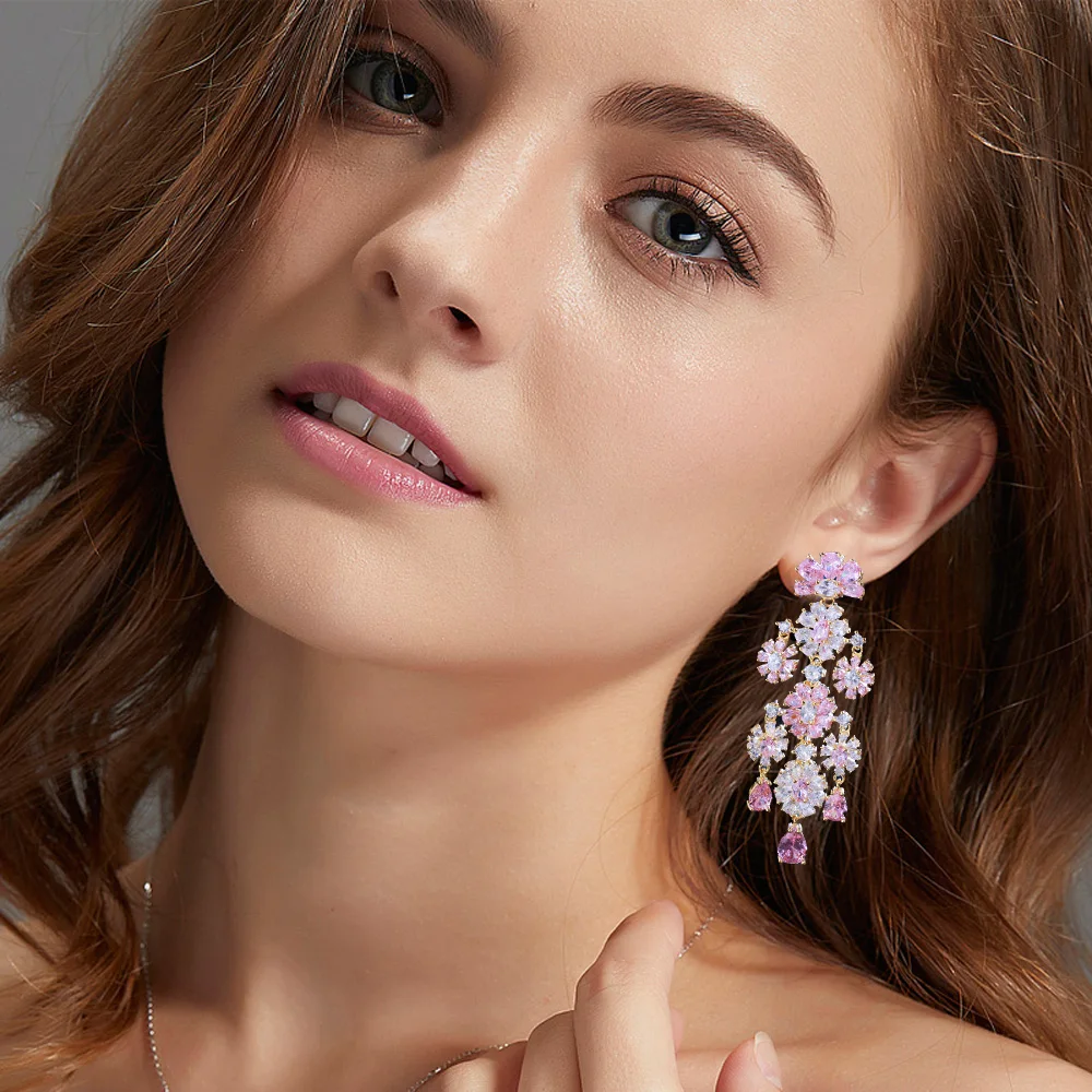 CWWZircons Long Tassel Flower Drop Pink Cubic Zirconia Stone Large Women Party Costume Wedding Earrings Jewelry for Brides CZ996