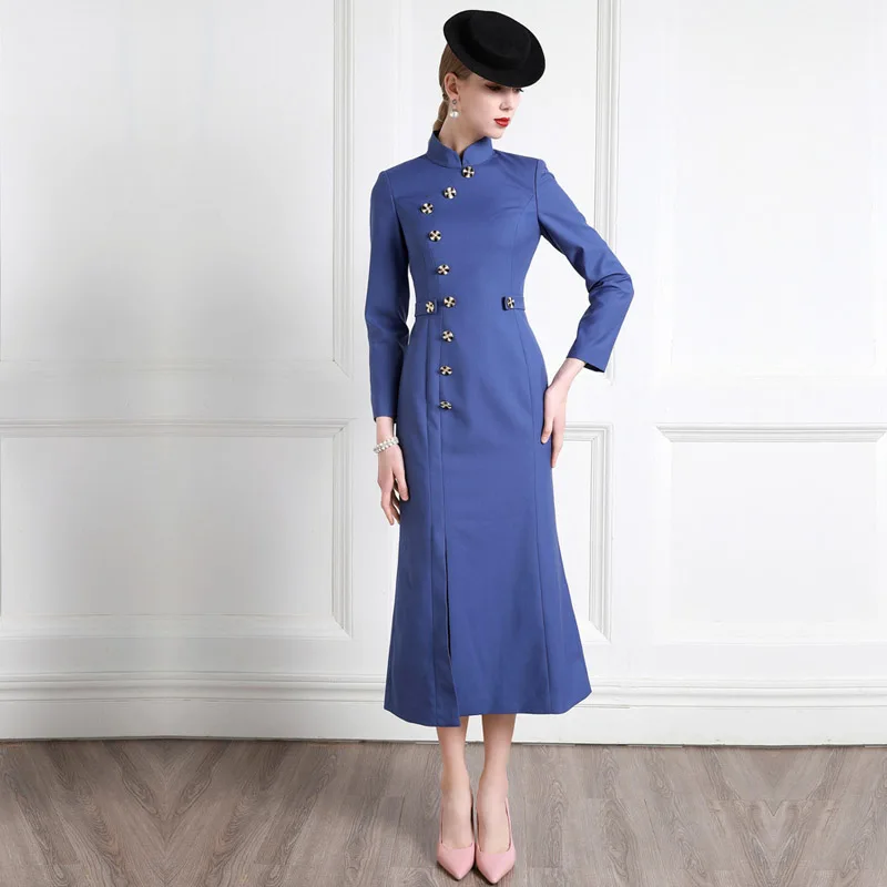 High End Temperament Cheongsam Improved Version Dress Blue New Winter Bottom New Dress Women Purple