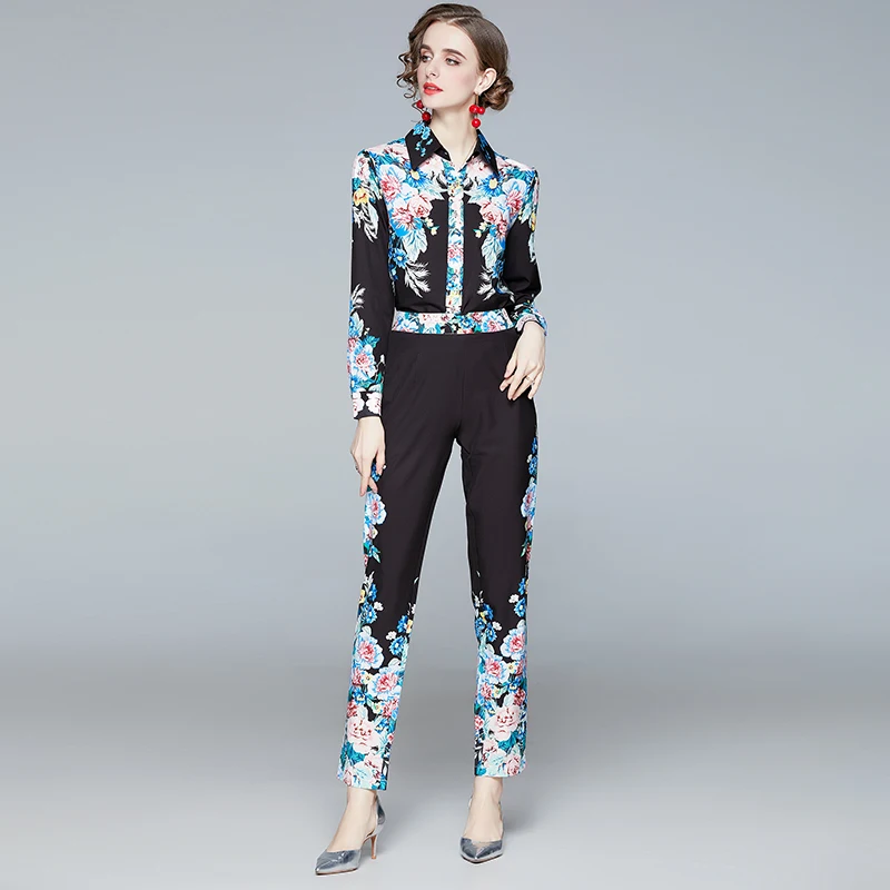 Fashion Runway Designer Suit Set Autumn Women\'s Long Sleeve Vintage Print Tops + Pocket Pencil Pants Two Piece Set