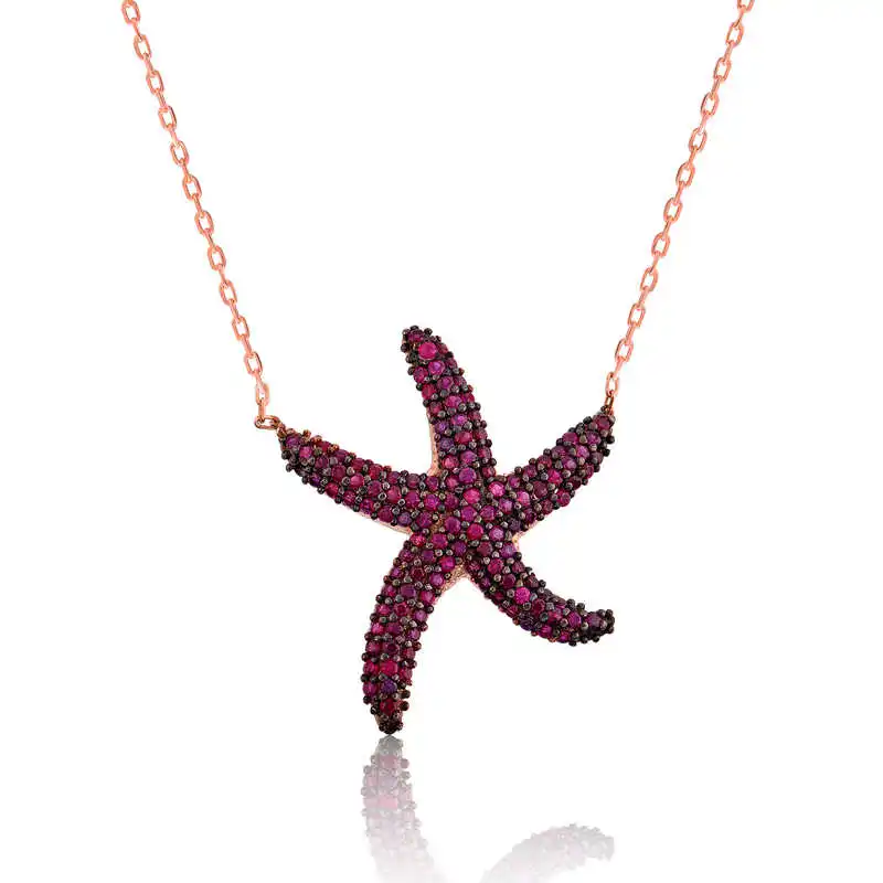 Silver Pink Sea Star Lady 'S Necklace 925 Sterling Women Fine Jewelry Wedding Party Birthday Gift - Jeweled - Box - Pendant - Chain Choker - Female - Ladies - Fashion