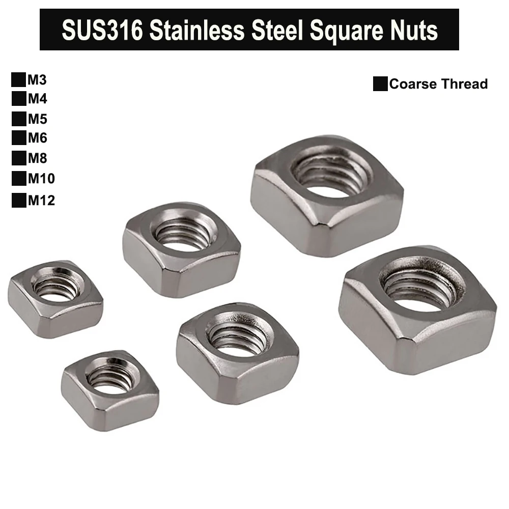 Yiqianyuan SUS316 Stainless Steel Square Nuts Assorted Pack M3 M4 M5 M6 M8 M10 M12 for Hardware And Machinery