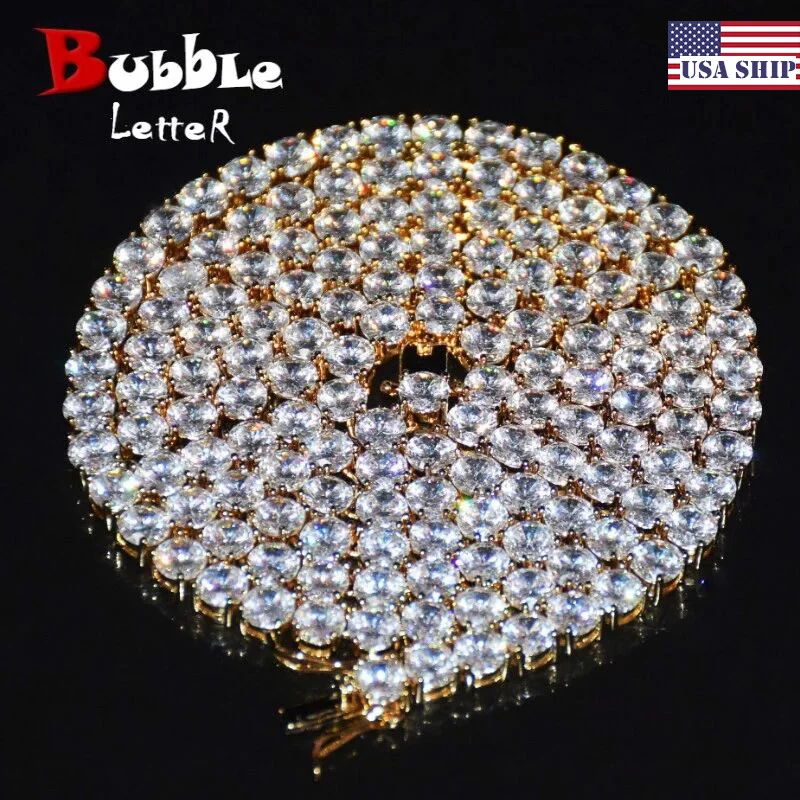 Naszyjnik z cyrkoniami, łańcuszek tenisowy, styl hip-hop, złoty kolor, miedziany materiał, męska biżuteria rockowa, litery typu bubble letter, 1 rząd, długość 18 cali, 20 cali.