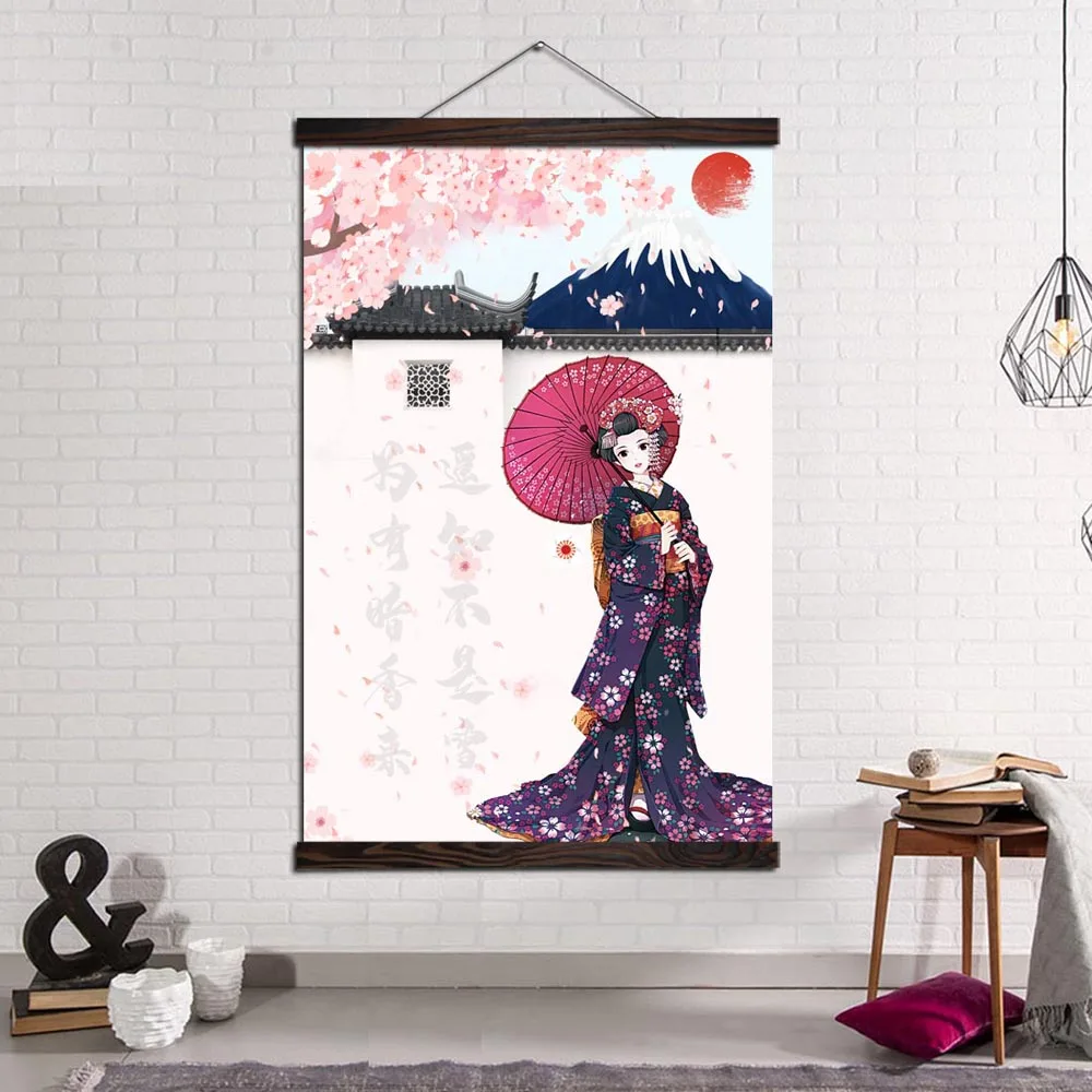 

Modern Wall Pictures Prints and Posters Canvas Art Painting for Home Decoration Japanese Kimono Girl With Cherry Blossom