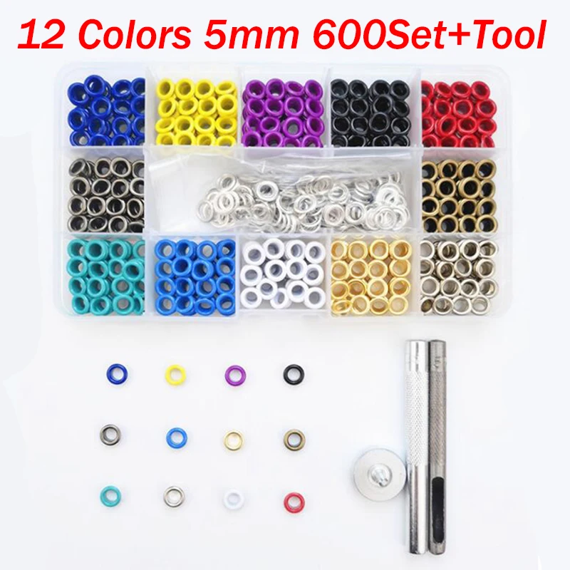 600Sets 12Colors Metal Snap Button Grommets Fasteners 5mm Eyelets Grommet Setting Tool with Storage Box DIY Sewing Accessories