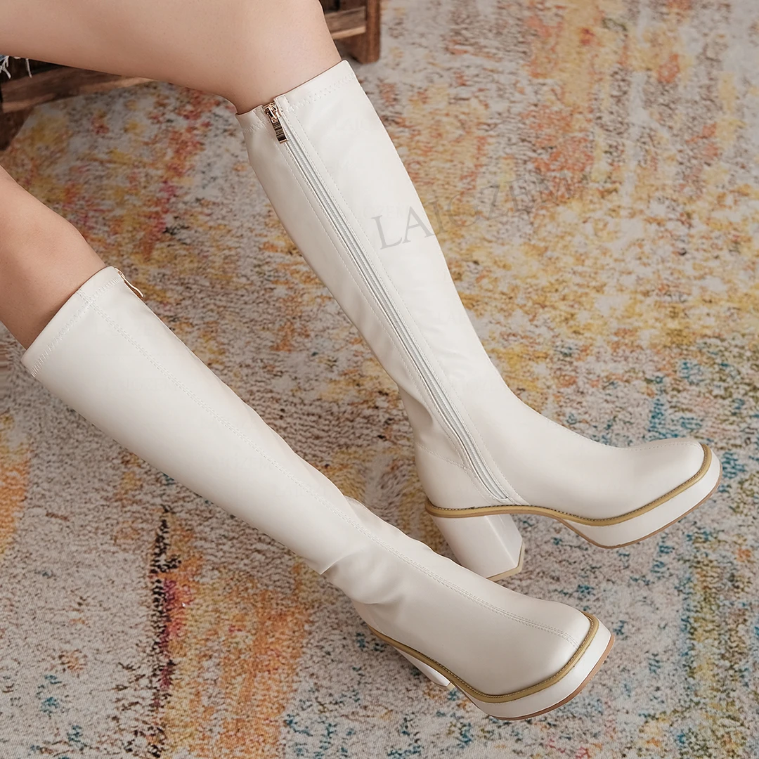 LAIGZEM Stivali alti al ginocchio da donna Zip laterale Tacchi spessi 8 cm Stivali alti elasticizzati Scarpe da donna Donna Taglia grande 33 38 39 43