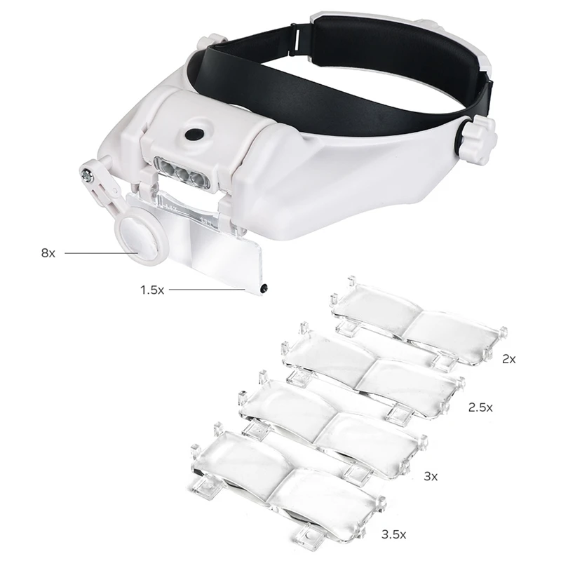 Headband Magnifying Glasses with LED Light USB Rechargeable Helmet Magnifier Loupe Third Hand for Soldering Watch Repairing Tool