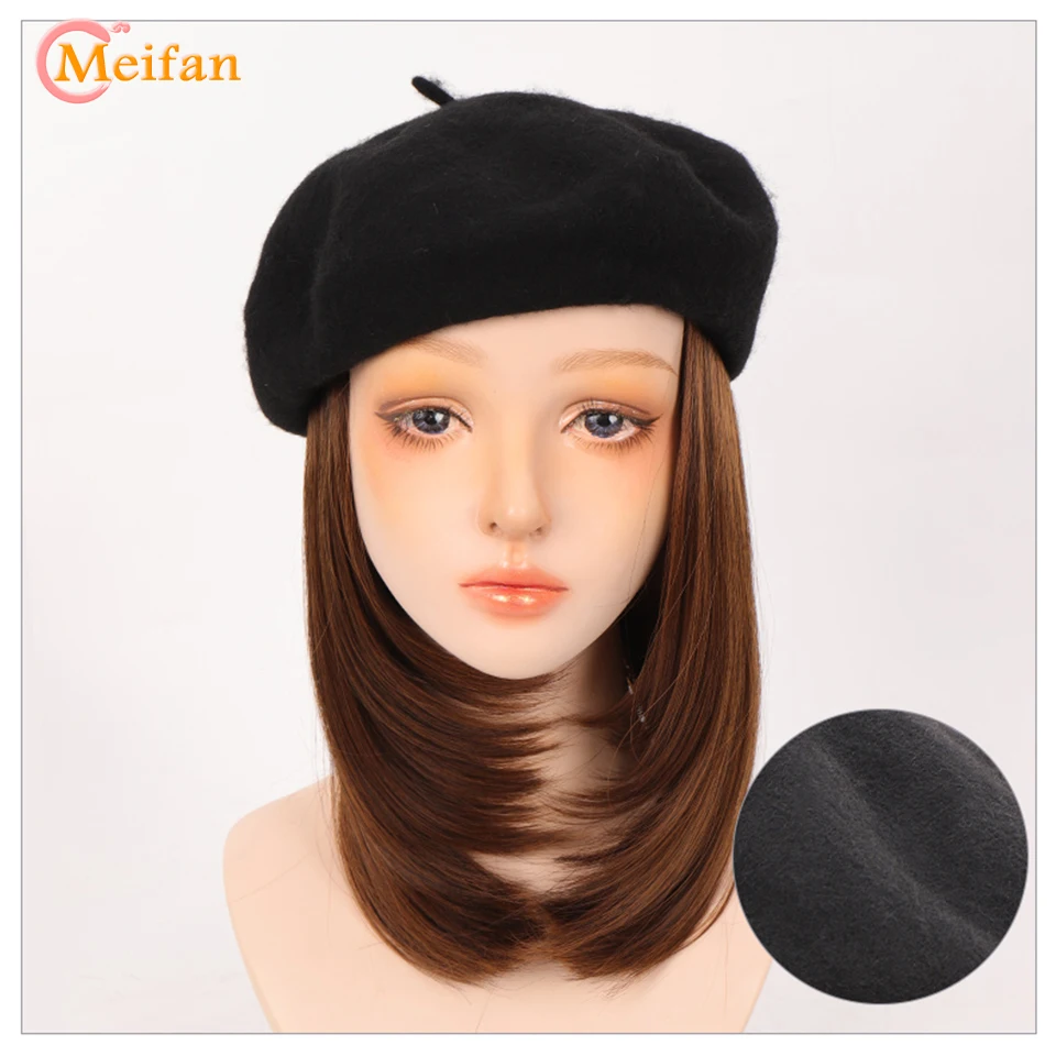 MEIFAN Synthetic Hair Short Beret Hat Wigs For Women with Black Beret Naturally Connect False Hairpieces Party Hat Wig Extension