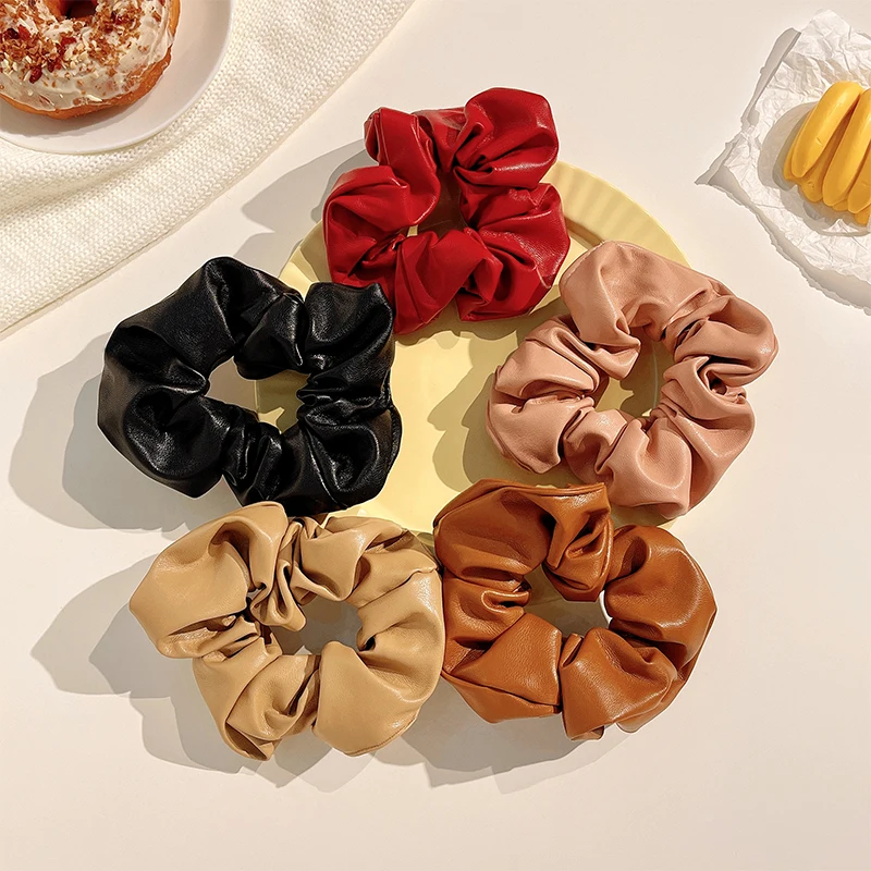 Women Girls Vintage Elegant Leather Elastic Hair Bands Lady Lovely Soft Leather Scrunchies Rubber Bands Female Hair Accessories