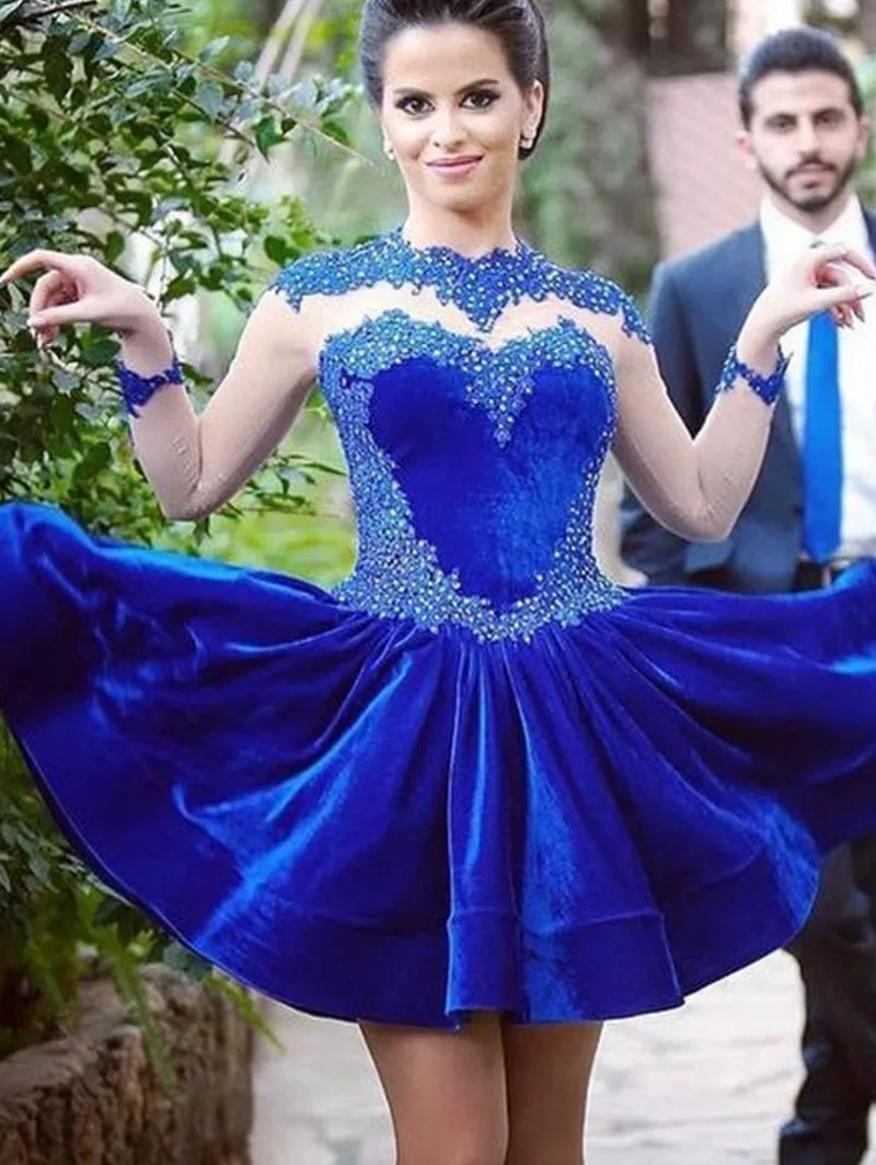 Robe De soirée en velours bleu Royal, moderne, manches longues, avec des Appliques en dentelle