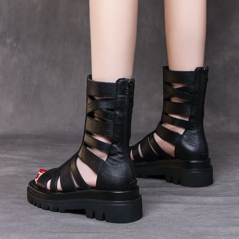 DRKANOL Brand 2024 Women Sandals Open Toe Genuine Leather Back Zipper Wedges Platform Gladiator Sandals Women Summer Cool Boots