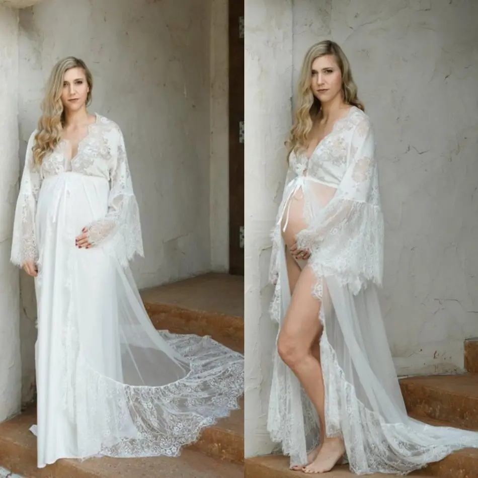 Vestidos de casamento para grávidas sexy com decote em v mangas compridas roupões de banho de renda feito sob encomenda ver através da varredura trem roupões de maternidade