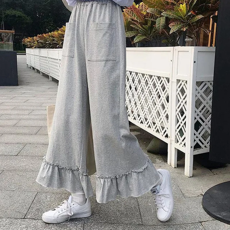 Pants Women Summer Loose Solid Color Female Wide Leg Sweet Japanese Style High Waist Ruffles Chic Leisure Daily Breathable Girls