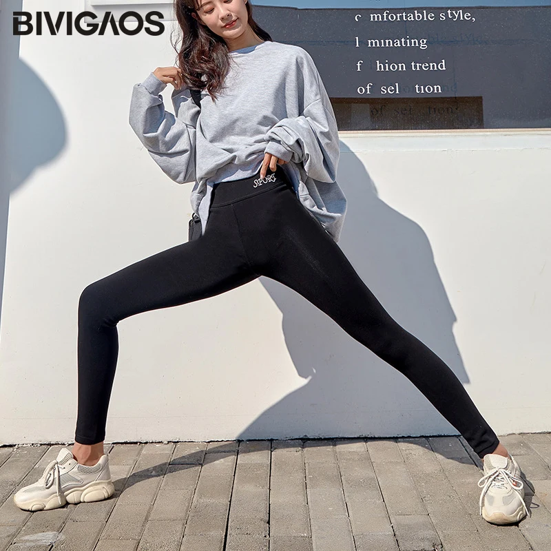 BIVIGAOS New Women Sport Letter Embroidery Cotton Leggings Autumn Winter High Waist Slim Black Pants Comfortable Warm Leggings