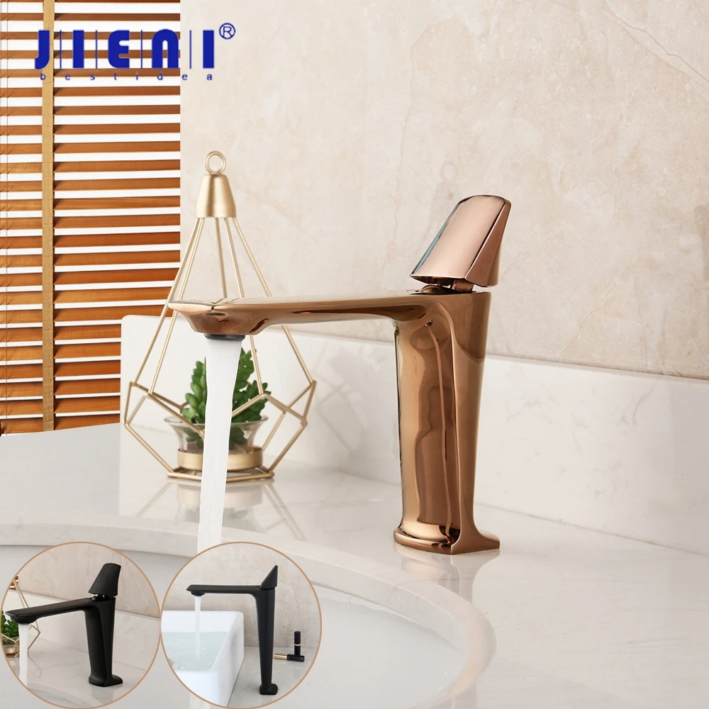 JIENI Matte Black Bathroom Faucet Wash Basin Sink Tap Steam Spout Deck Mounted Solid Brass Rose Golden Mixer Tap Faucet