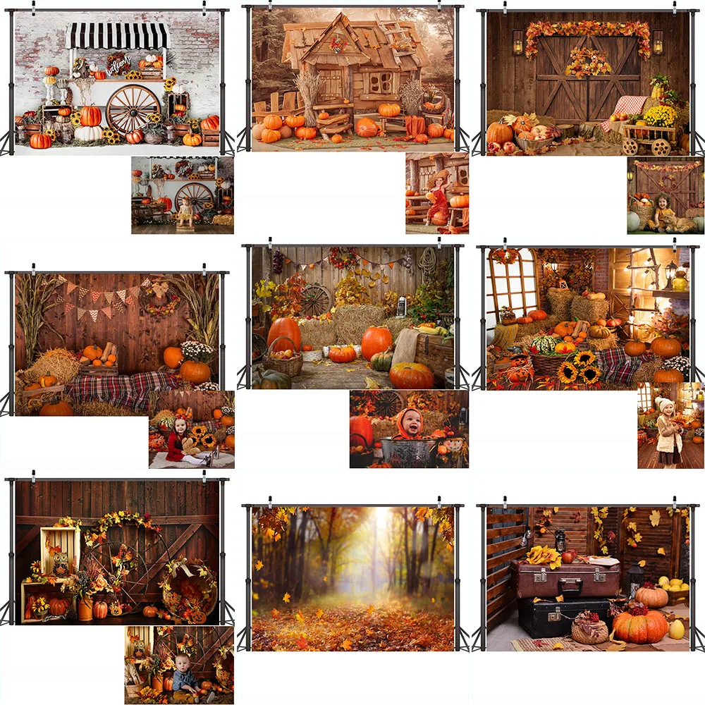 Autumn Pumpkin Birthday Portrait Photo Background Thanksgiving Falling Leaves Backdrop Fall Vintage Barn Harvest Photography