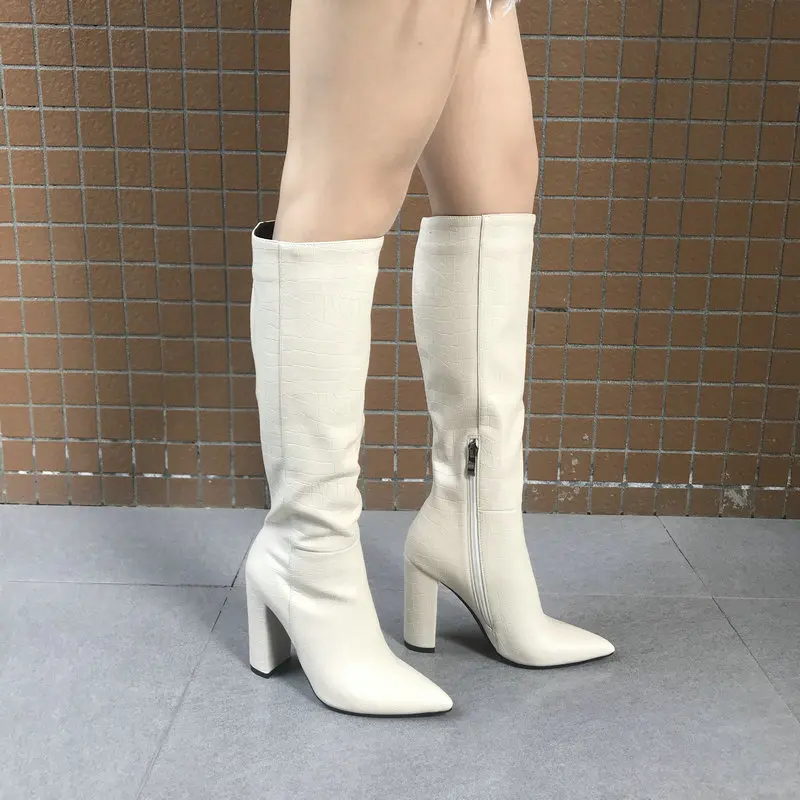 Band Designer Faux Leather Women Knee High Boots Pointed Toe Boots Women Long Chunky Block High Heel Boots Black Apricot Brown