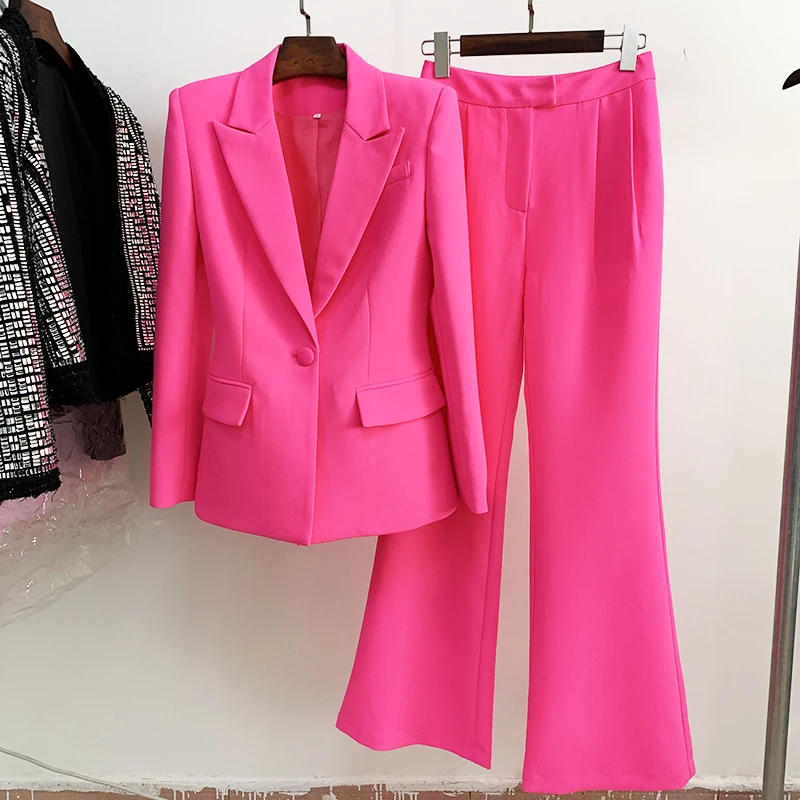 HIGH STREET Newest Fashion 2024 Designer Suit Set Women\'s Single Button Slim Fit Blazer Flare Pants Suit two-piece Hot Pink