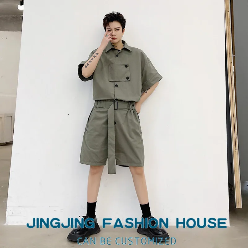 

S-6XL!!New black Korean men's workwear short-sleeved shirt jumpsuit for summer wear. Teenage hipster male five-point pants