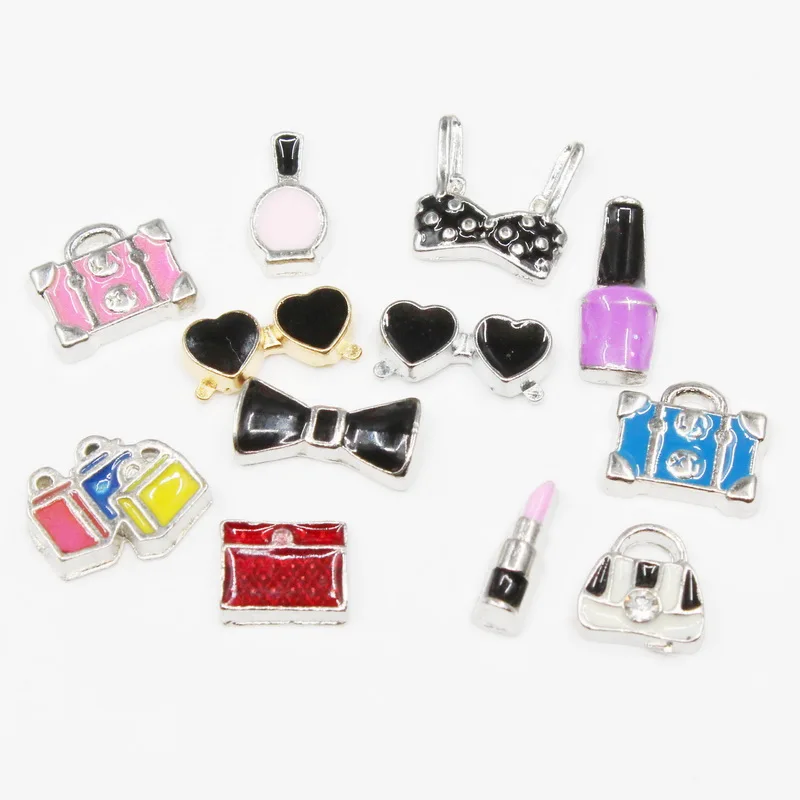 20pcs/lot Glasses Lipstick Perfume Nail Polish Bag Bow Tie Enamels Floating Charms For Glass Lockets Memory Pendant Jewelry