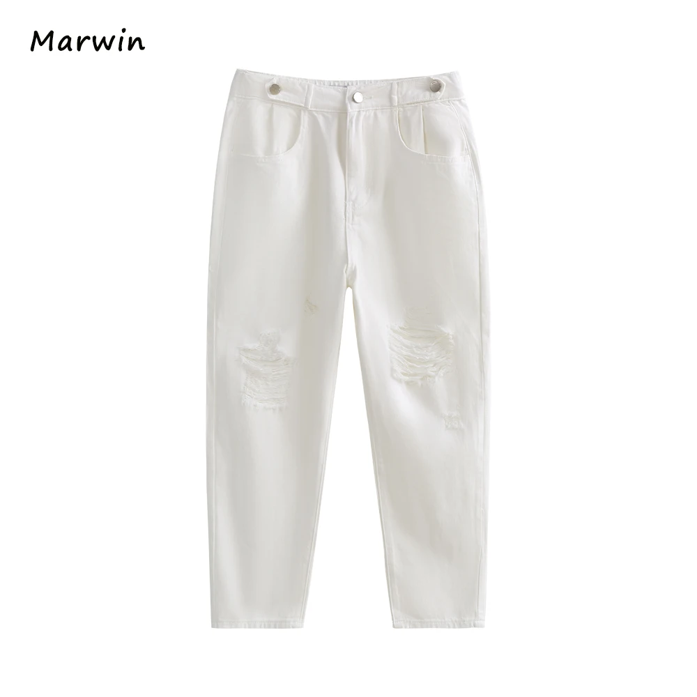 Marwin 2021 New-Coming Spring Solid High Waist Thin Ankle-Length Hole Button White Jeans High Street Style Women Pants