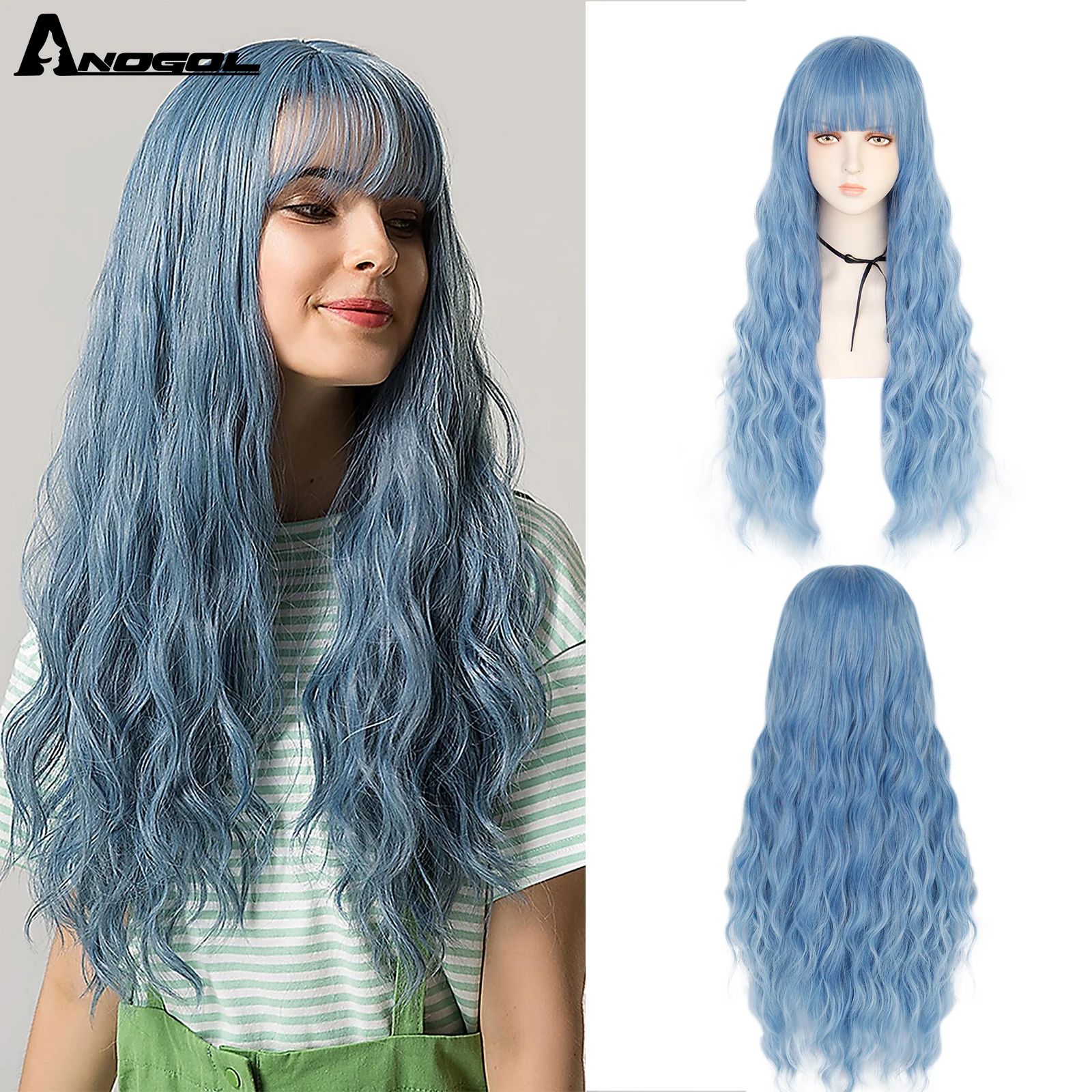 ANOGOL Long Deep Wave Hair Wigs Pink Gold Blonde Black Blue White Synthetic Wig With Flat Bangs Fringe for Women Lolita Cosplay