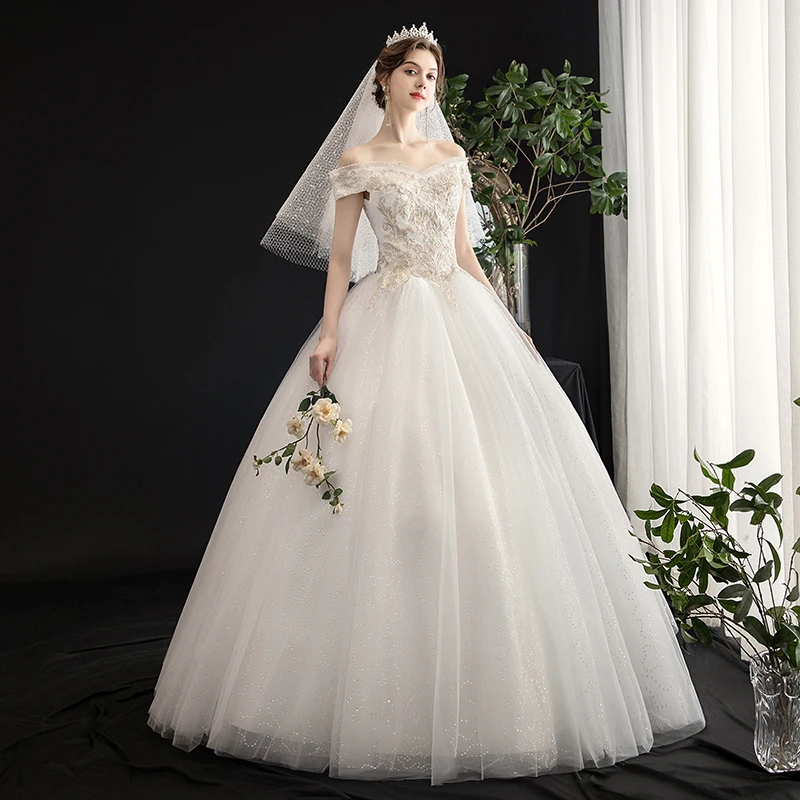 Wedding Dress Ball Gowns 2020 New Style Bride Wedding Dresses Plus Size Lace Up Off-Shoulder Princess Dreamy Embroidery Dress