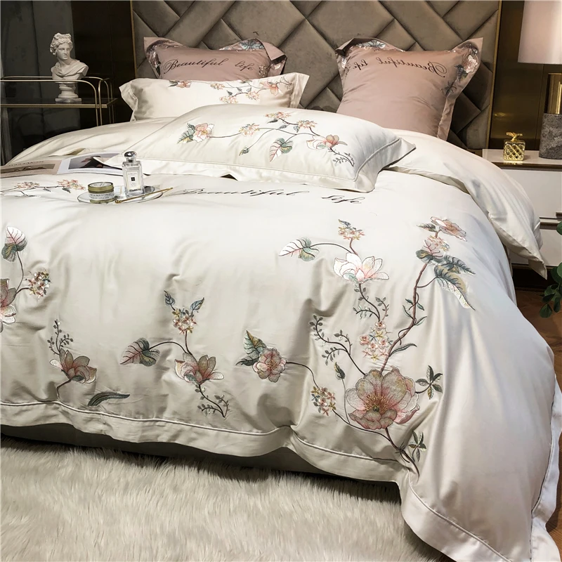 1000TC Egyptian Cotton Bedding Set, Luxury, Grey White, Bloom Flowers, Embroidery, Soft Duvet Cover Set, Bed Sheet, Pillowcases