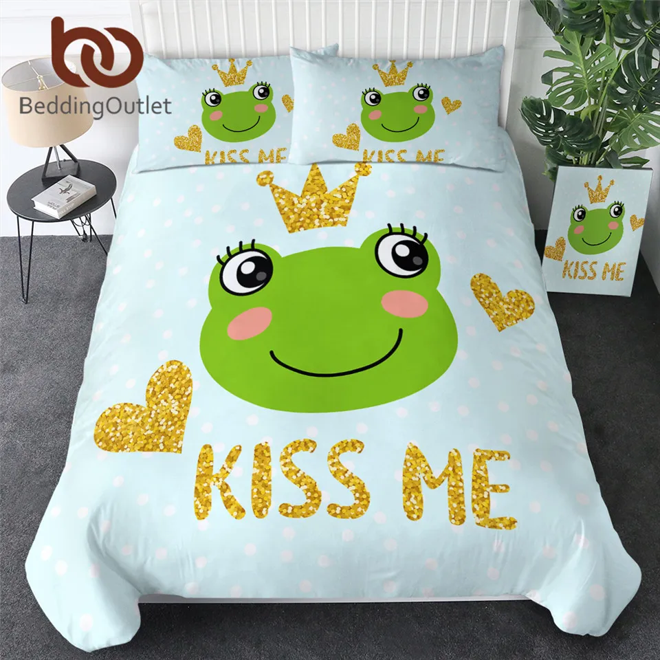 

BeddingOutlet Cute Frog Bed Cover Cartoon Duvet Cover Golden Glittering Crown Bedding Set Prince Frog Fairy Tale Bedspread Queen