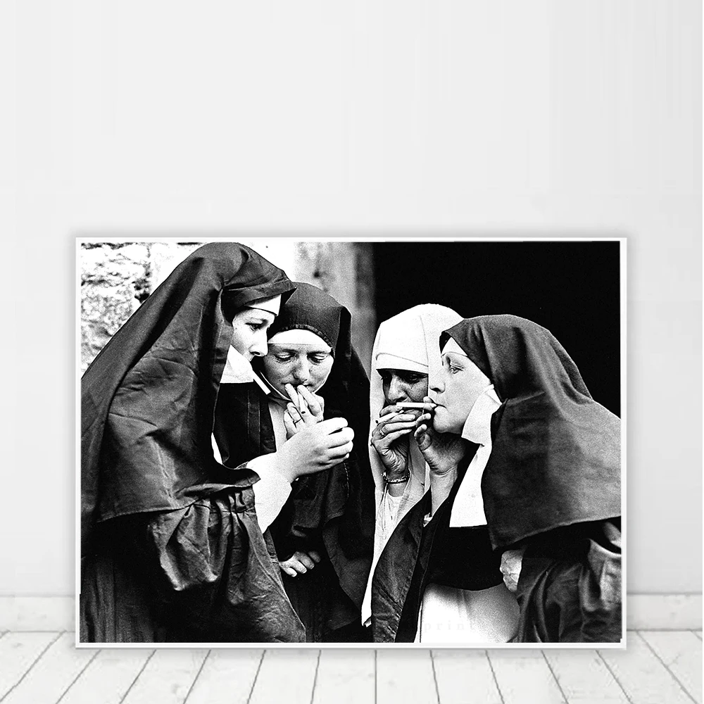 

Rebellious Nuns Print Black and White Photography Poster Nuns Smoking Wall Art Picture Canvas Painting Home Room Wall Decoration