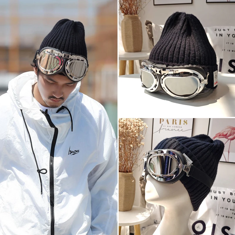 Knitted beanie hat with glasses retro hat male woolen hat female winter tide brand outdoor warm ski hat