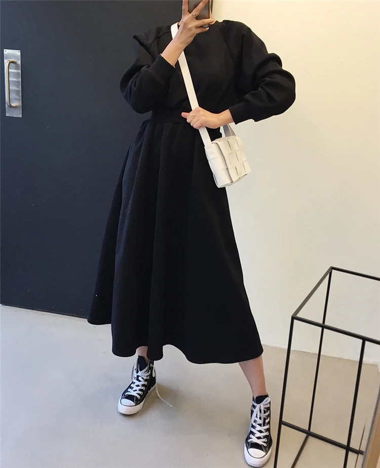 Casual Long Minimalist Pockets Wild Warm Dress New Winter Spring Women Dresses Thicken High Elastic Waist