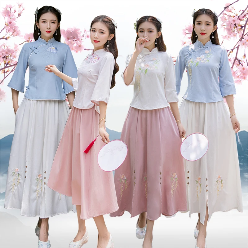 Traditional Chinese Clothing For Women Tang Suit Plus Size Cheongsam Tops and Skirt Two Piece Set Preppy Style Girl Party School