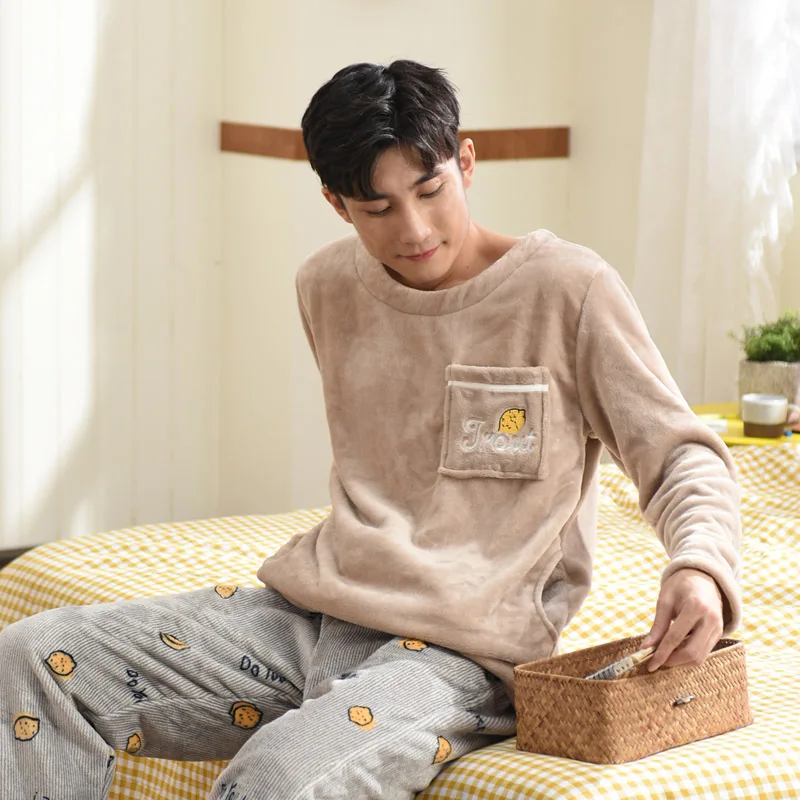 Autumn Winter Flannel Pyjamas Men Sleepwear Suit Long Sleeve Thick Warm Pijama Hombre Casual Soft Coral Fleece Homewear Clothes